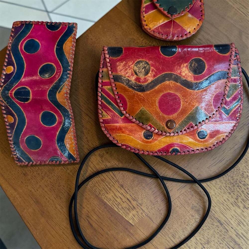 Vintage 1993 MTC Hand Painted Tooled Leather Crossbody Bag Wallet & Coin Purse